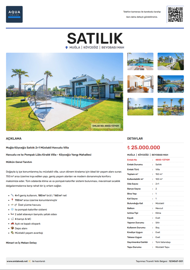 Aqua Emlak — Muğla Köyceğiz satılık havuzlu villa broşürü